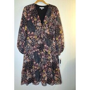 SANDRA DARREN‎ Dark Floral Dress Sz L Knee Length Bohemian Western Cowgirl Core